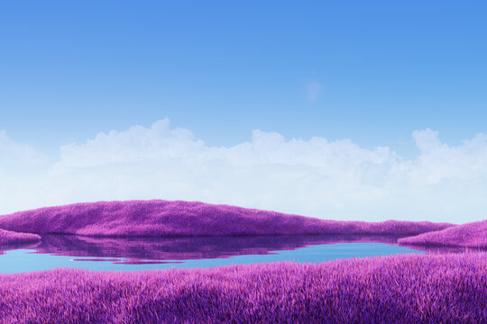 Fototapeta Surreal landscape with vibrant purple grass hills surrounding a calm reflective lake under a clear blue sky with fluffy clouds in the background. 3D Rendering