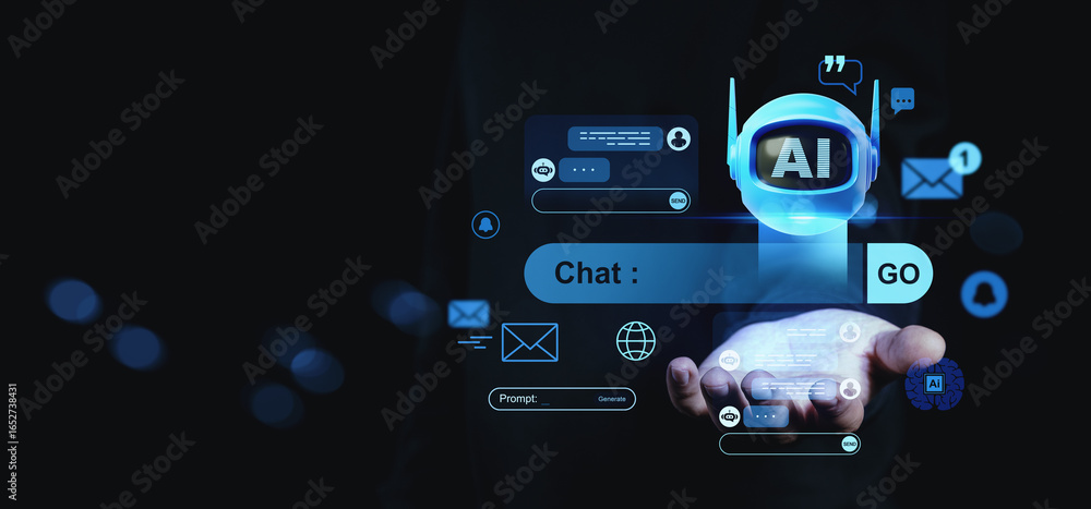 Poster futuristic chatbot interface concept with glowing ai robot and digital communication icons floating 