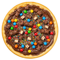 Delicious sweet pizza with chocolate and candies isolated on transparent background