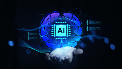 Futuristic AI brain chip hologram floating above hand on dark digital background.