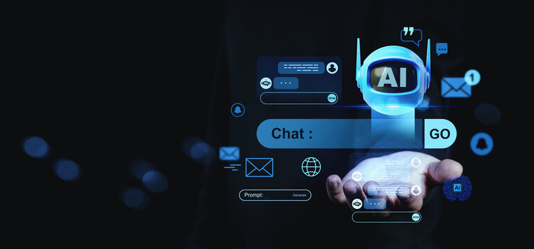 Futuristic chatbot interface concept with glowing AI robot and digital communication icons floating above hand on dark background..