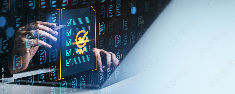 Poster digital document validation with checklist and certificate concept interface.