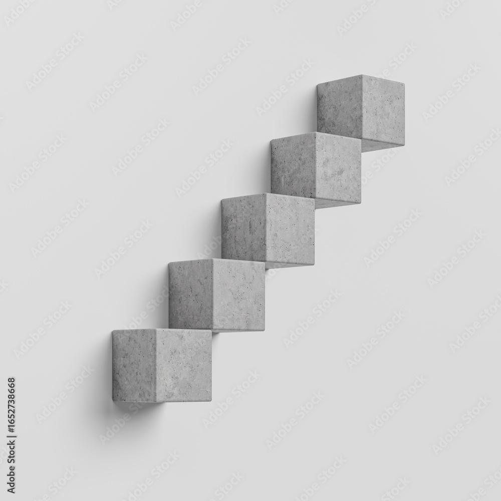 Poster minimalist concrete cube staircase on white background, modern abstract design concept with copy spa