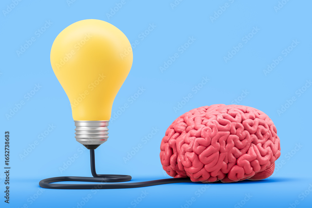 Poster brain connected to light bulb representing idea generation and creativity concept on blue background