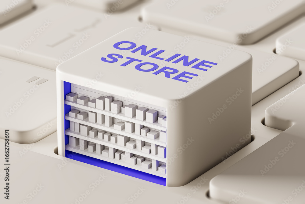 Poster online store concept represented by a keyboard key transformed into a miniature shop shelf with prod