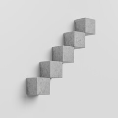 Minimalist concrete cube staircase on white background, modern abstract design concept with copy space for creative mock up presentations or visuals. 3D Rendering