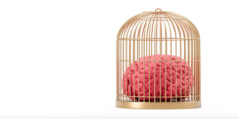 Human brain trapped in golden cage as concept of mental confinement, isolation, or restricted...