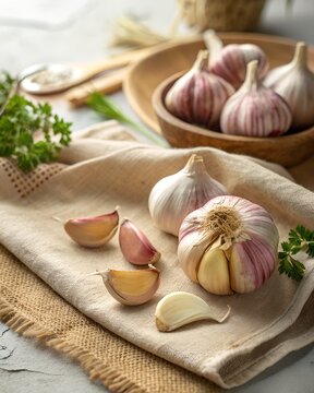 Fresh garlic bulbs and cloves on rustic linen cloth