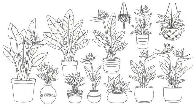 Detailed outline illustration featuring various house plants in diverse pots