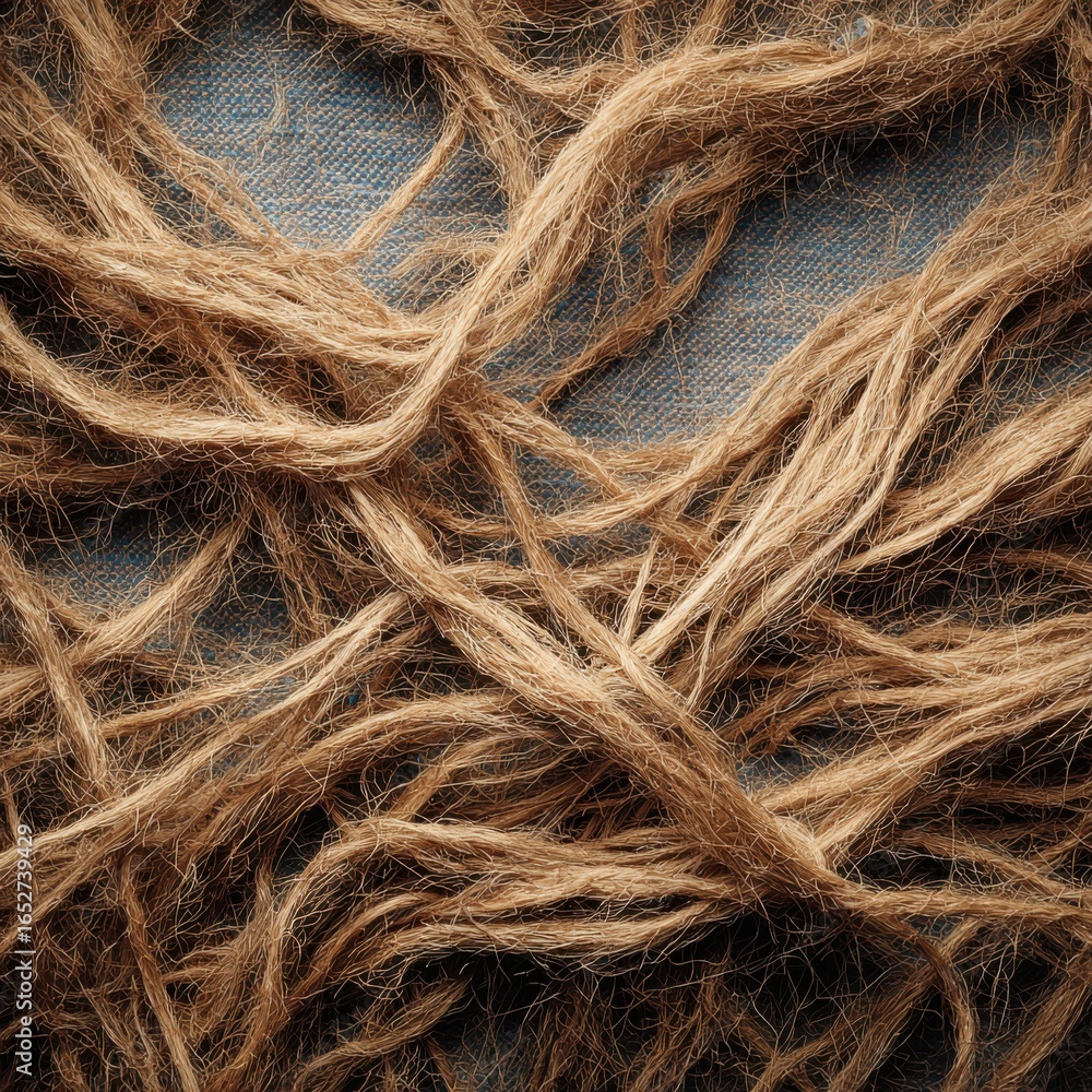 Poster textured natural fiber twine in interwoven pattern on a rustic surface for backgrounds and crafts