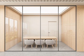 Minimalist modern conference room interior with glass walls, wooden surfaces, and neutral furniture in bright daylight office setting. 3D Rendering