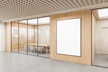 Fototapeta na wymiar Modern office interior with blank poster mockup on wooden wall near glass meeting room and city view through window in daylight setting. 3D Rendering