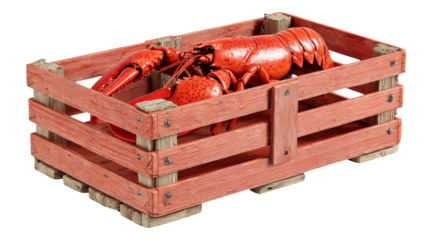 Isolated Lobster in Wooden Crate on Transparent Background