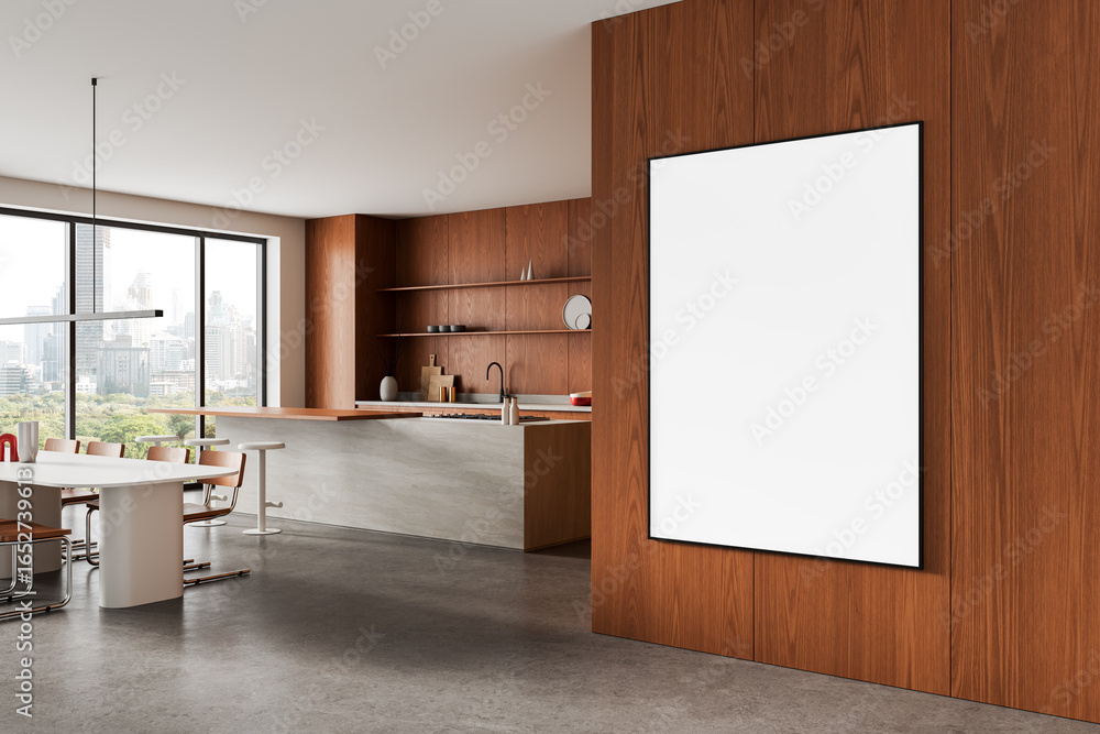 Poster modern kitchen interior with blank poster on wooden wall in bright open space for design mockup and 