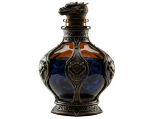 Decorative fantasy potion bottle with dragon design isolated on white background