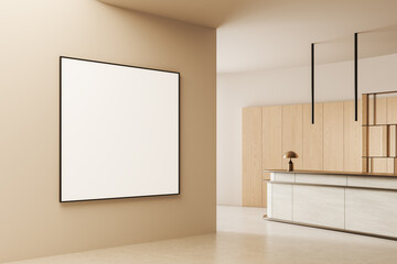 Minimalist interior with blank poster mockup on beige wall in modern reception space with wooden...