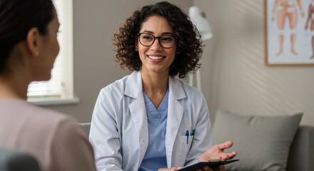 Smiling female doctor talking with patient indoors