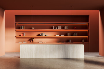 Modern minimalist kitchen interior with orange walls, elegant shelving, ambient lighting and...