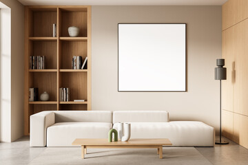 Modern living room interior with blank poster on wall above white sofa and wooden furniture for stylish design mockup template presentation. 3D Rendering