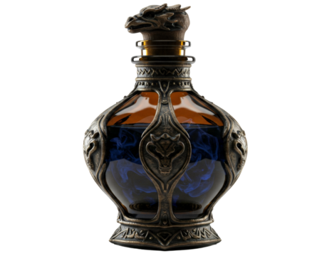 Decorative fantasy potion bottle with dragon design isolated on white background