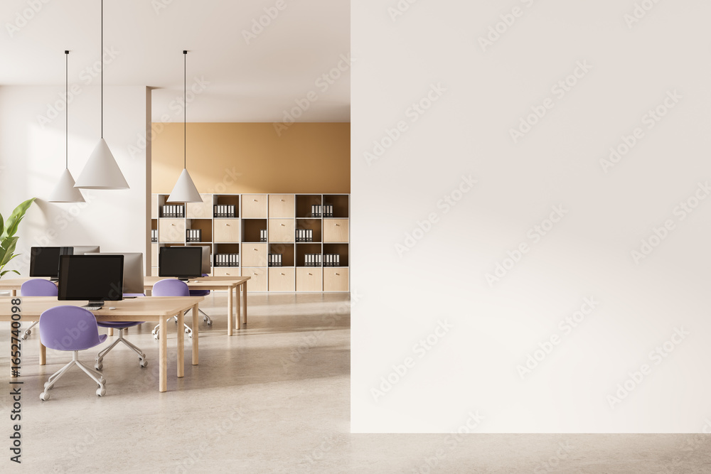 Poster modern office interior with shared workspace and blank wall for poster mockup or design presentation
