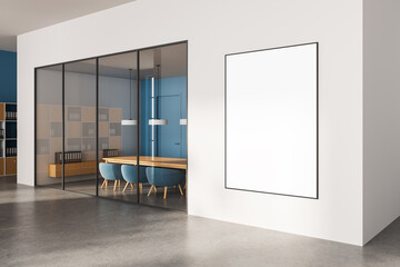 Modern office interior with empty poster mockup on white wall near glass-walled meeting room with...