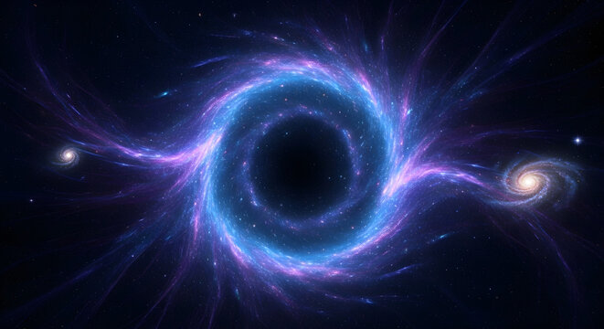 A vibrant cosmic vortex of swirling blue and purple light forming a glowing accretion disk around a black hole.