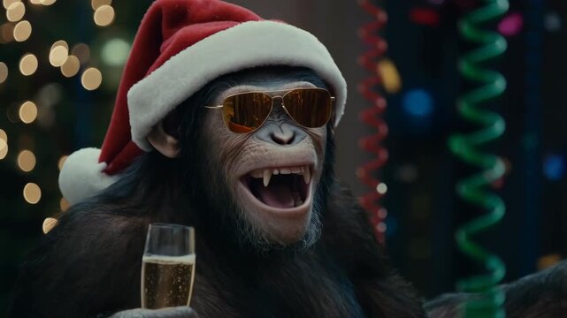 Chimpanzee wearing a Santa hat and sunglasses holding a champagne glas