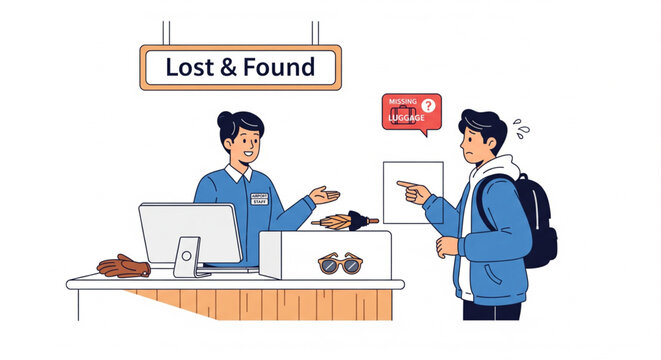 Young man reclaims lost belongings from a helpful lost and found attendant.