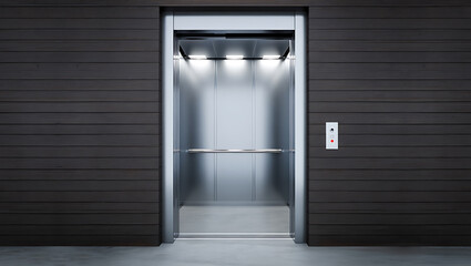 Modern elevator interior with metallic walls and wooden exterior stainless steel