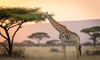 Giraffe feeding at sunrise in savanna (1)