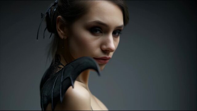 A young woman with a neat hairstyle and an earring looks sideways, with dark leather wings and intricate patterned armor on her back
