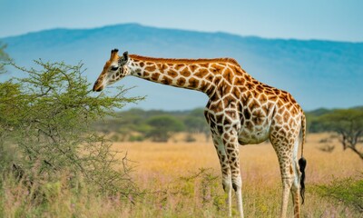 Obraz premium Giraffe feeding in savanna