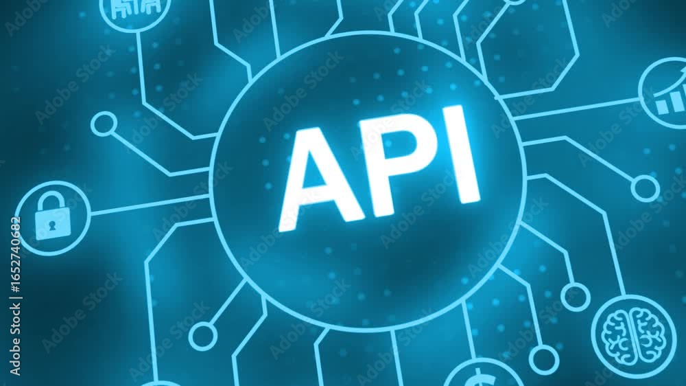 Poster api integration visualized with digital neon network connections, showcasing data exchange, technolo