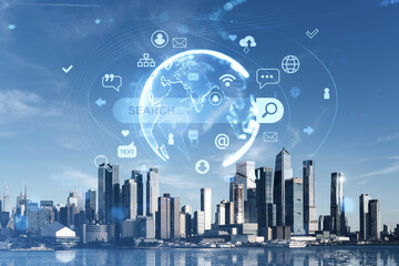 Futuristic digital communication concept over Hudson Yards skyline in Manhattan, New York with technology icons and Earth globe overlay.