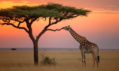 Giraffe reaching for acacia branch at sunset