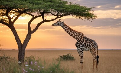 Giraffe at sunset in savanna under acacia tree
