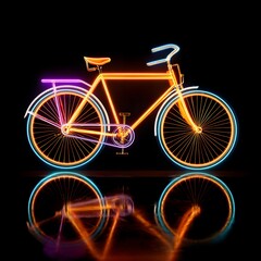 Fototapeta premium Glowing neon bicycle with vibrant pink and blue outlines, standing on a reflective surface against a pitch-black background.