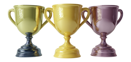 Three Isolated Trophies in Yellow, Purple, and Blue on Transparent Background