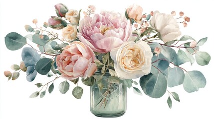 A watercolor clipart of an elegant bouquet in pastel pink, peach, and cream colors with peonies, roses, and eucalyptus inside a vintage mason jar on a white background
