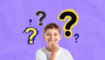 Curious boy thinking with colorful question marks around on text
