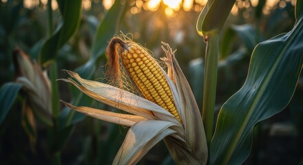 Golden corn ear in a field at sunset