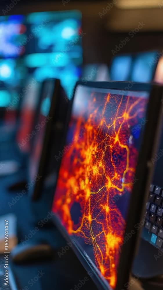 Poster computer monitors displaying glowing network data and city lights technology