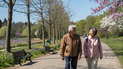 A senior asian couple walking in a park on a spring day, enjoying their retirement and love for each other in nature
