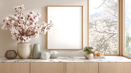 Fototapeta premium Frame mockup with flowers and window view, interior decor and design, home styling and decoration ideas