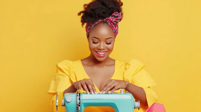 Joyful woman sewing on vibrant turquoise machine against bright yellow background