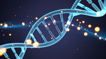 Naklejka premium Abstract digital representation of a glowing double helix DNA structure with scattered bokeh lights on a dark blue background
