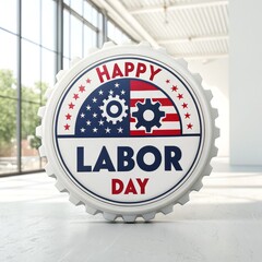 Labor Day badge PNG with American flag, gear wheel, stars, and Happy Labor Day text isolated on white