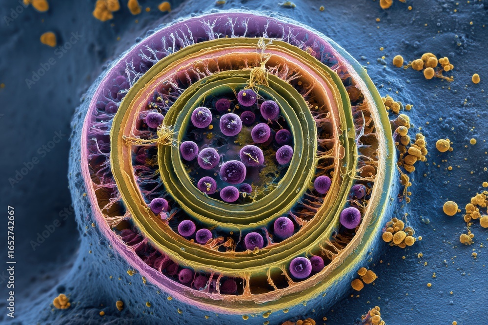 Poster vibrant microscopic view of cellular structure with colorful layers and organelles under high magnif