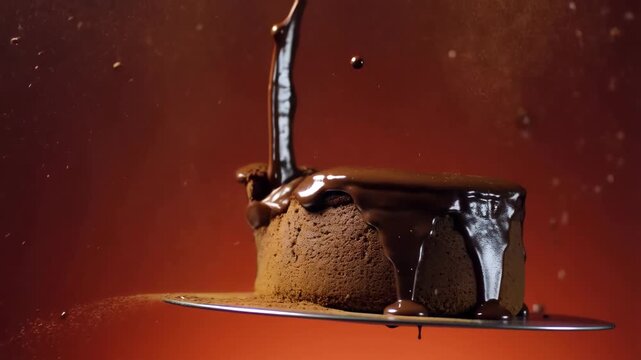 Chocolate cake being drizzled with rich chocolate sauce creating a dra